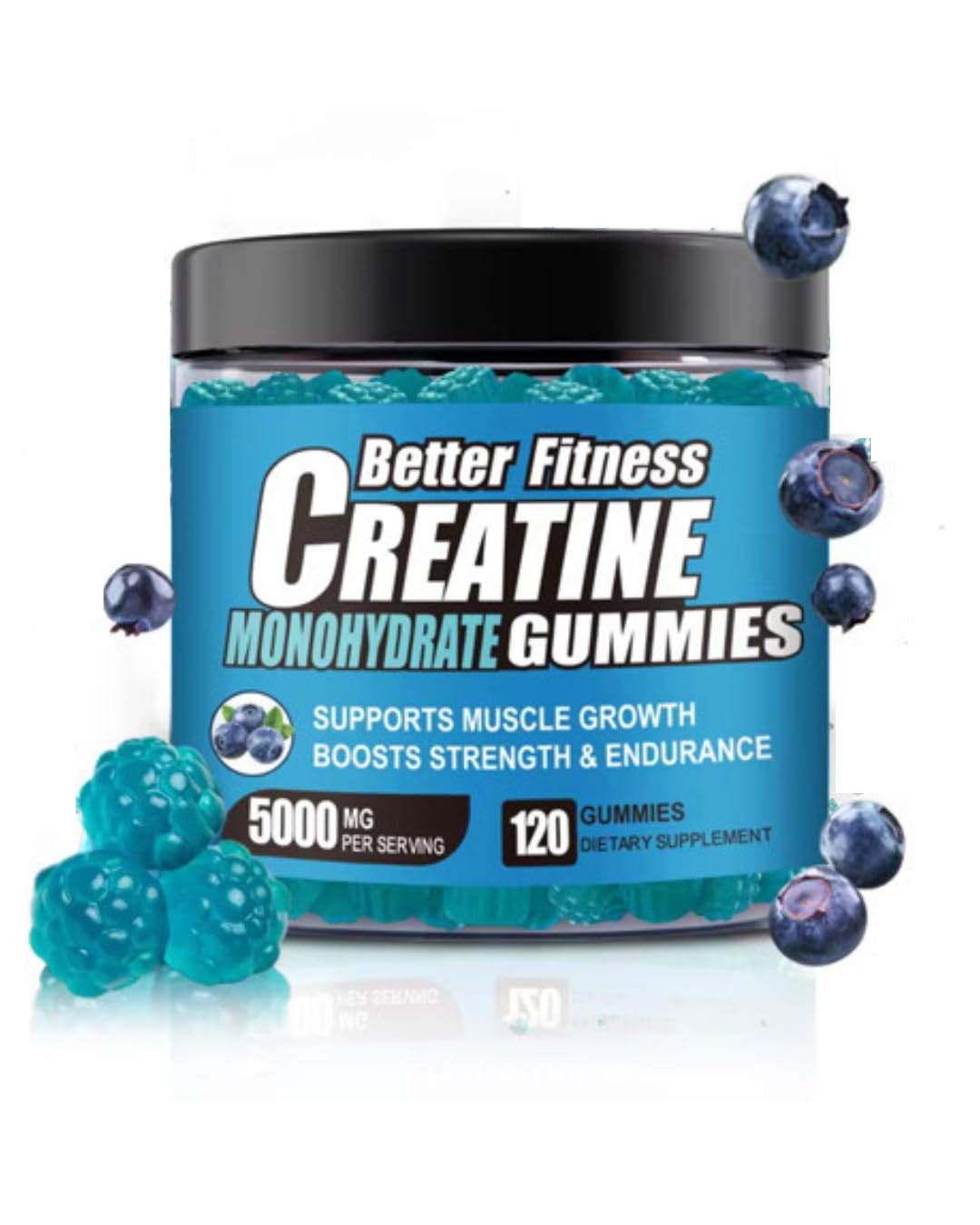 BetterFitness frasco frontal con gominolas blueberry y dosis visible
