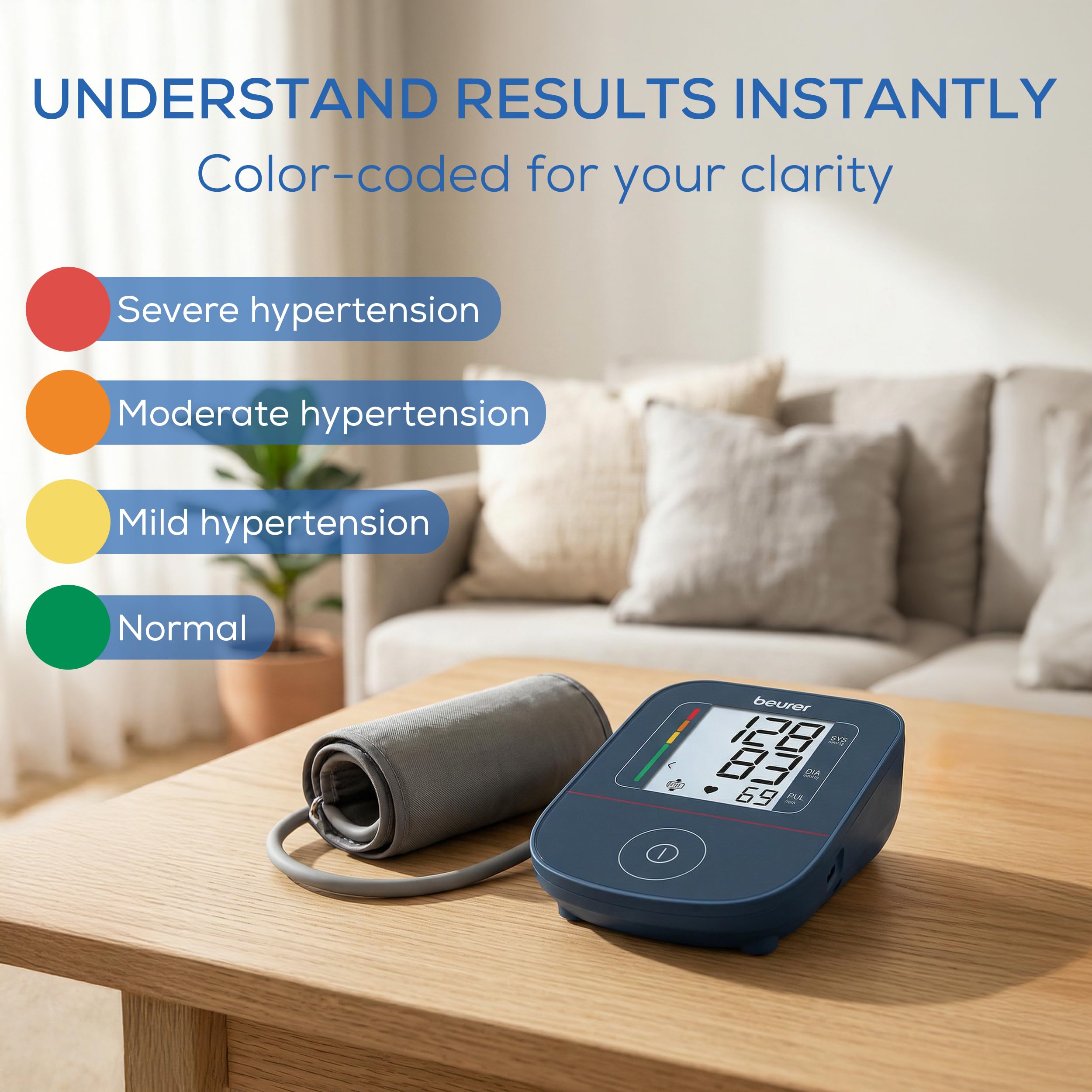 Beurer BM25 junto a pilas y cable USB-C, opciones de alimentación versátiles