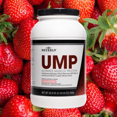 Beverly UMP polvo con aroma de fresa visible, muestra sabor natural y apetecible