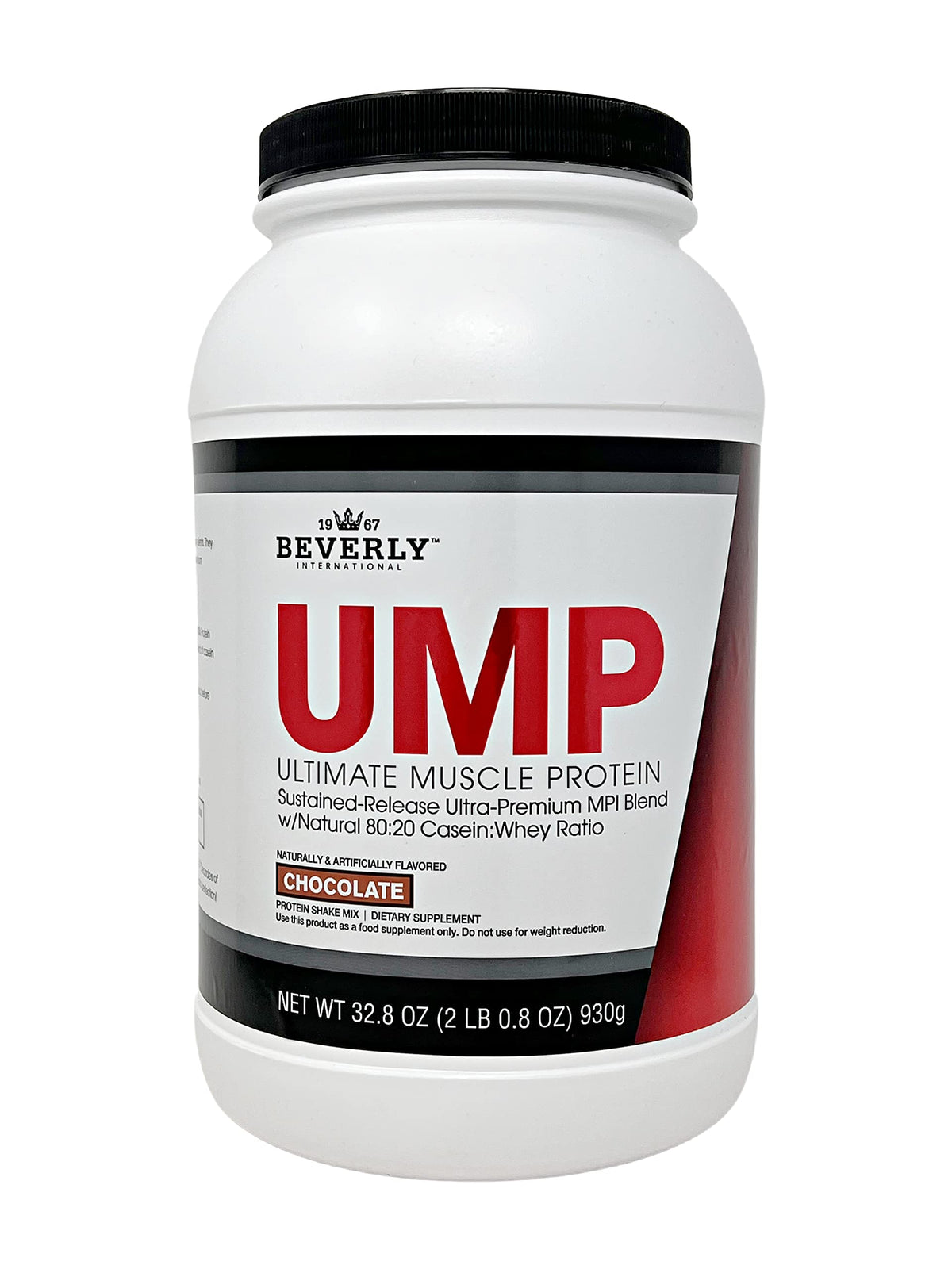 Beverly International UMP frente del envase mostrando sabor chocolate y beneficios