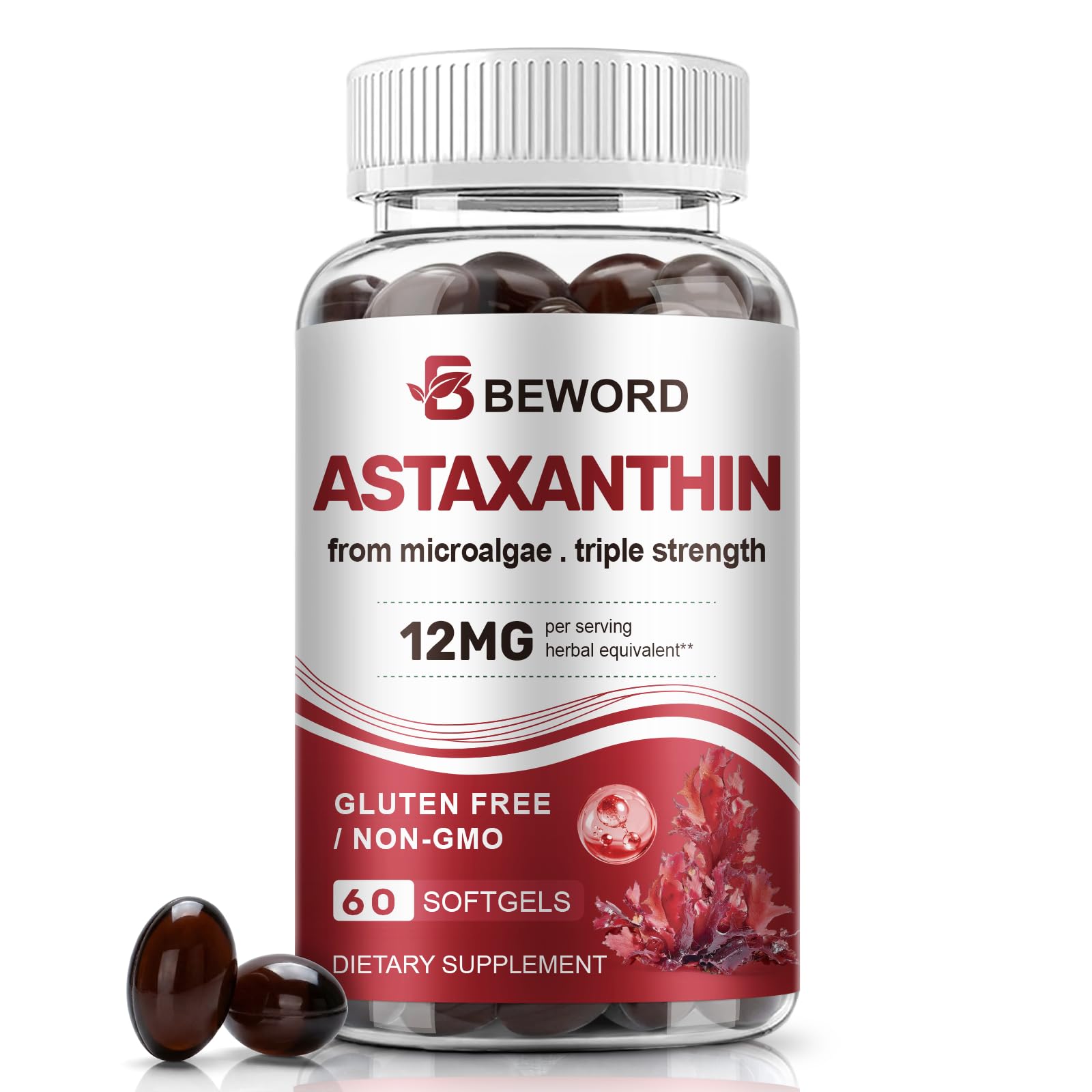 BEWORD vista frontal del frasco mostrando 60 softgels y etiqueta clara