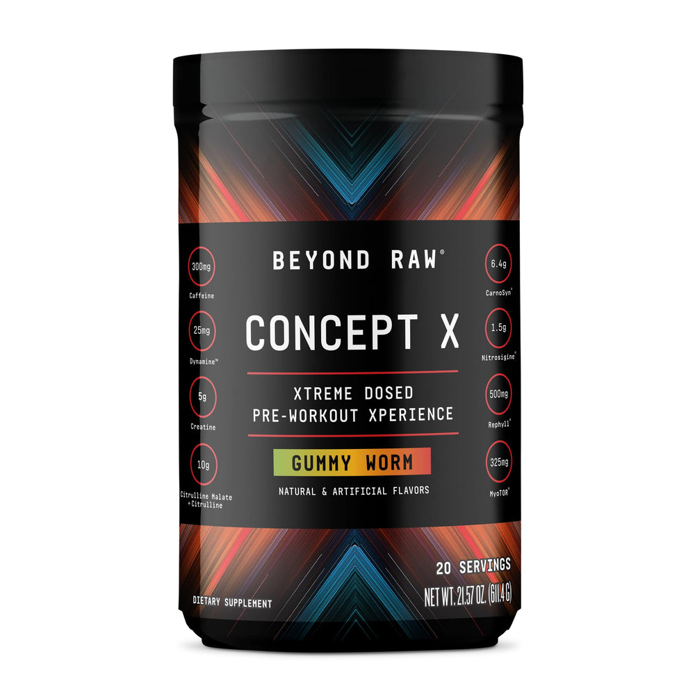 BEYOND RAW bote frontal con diseño y sabor gummy worm mostrando beneficios