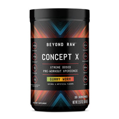 BEYOND RAW bote frontal con diseño y sabor gummy worm mostrando beneficios