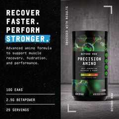 Detalle del polvo Precision Amino BEYOND RAW muestra textura fina y mezcla rápida