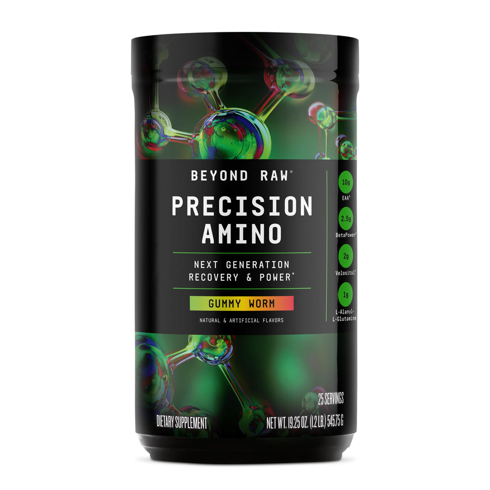 BEYOND RAW envase Precision Amino Gummy Worm frente destaca 25 servicios