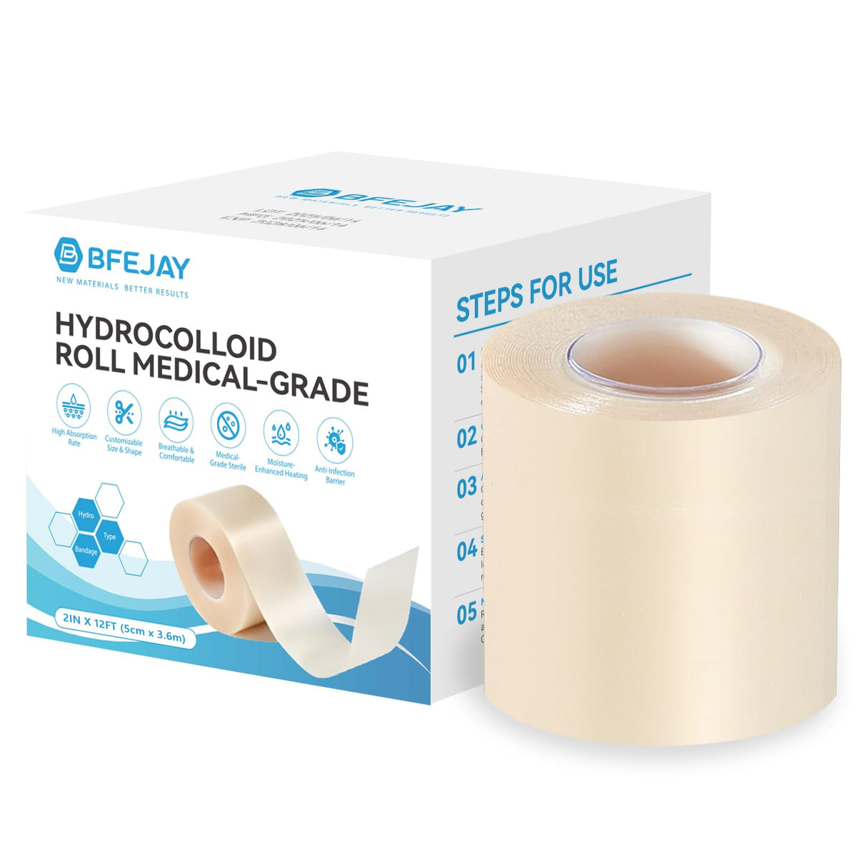 BFEJAY rollo hidrocoloide frontal mostrando longitud y formato, protección discreta