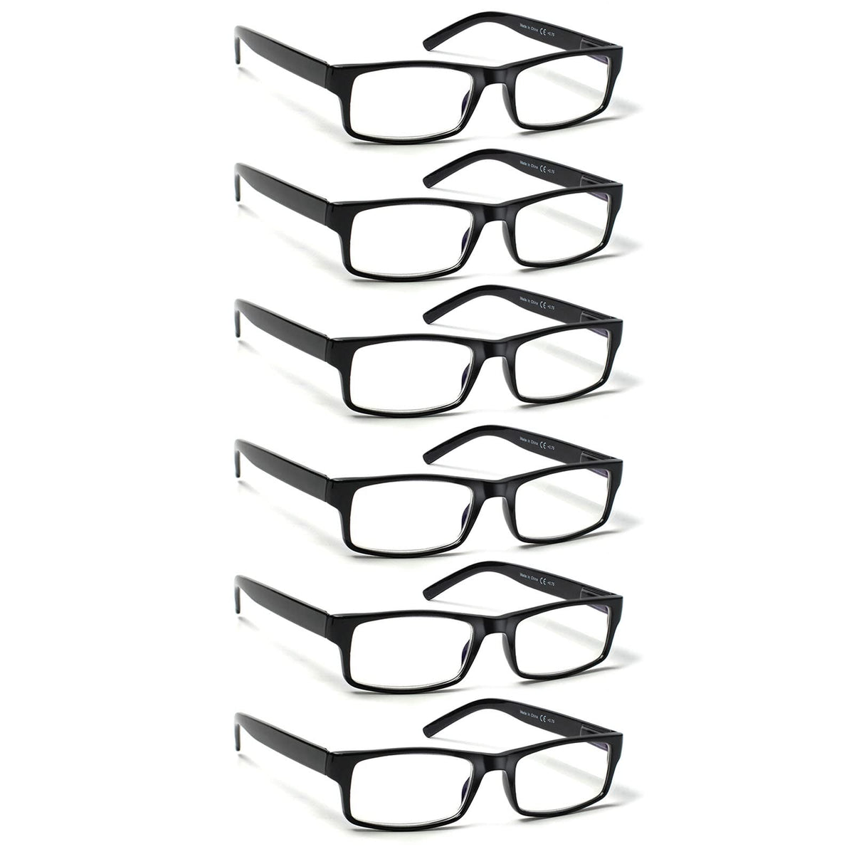 BIENCOOL vista frontal del paquete de seis gafas negras con diseño clásico