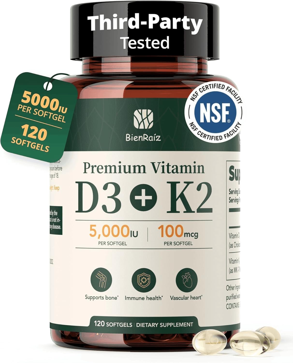 BienRaíz frasco de 120 softgels mostrando cantidad y envase protector