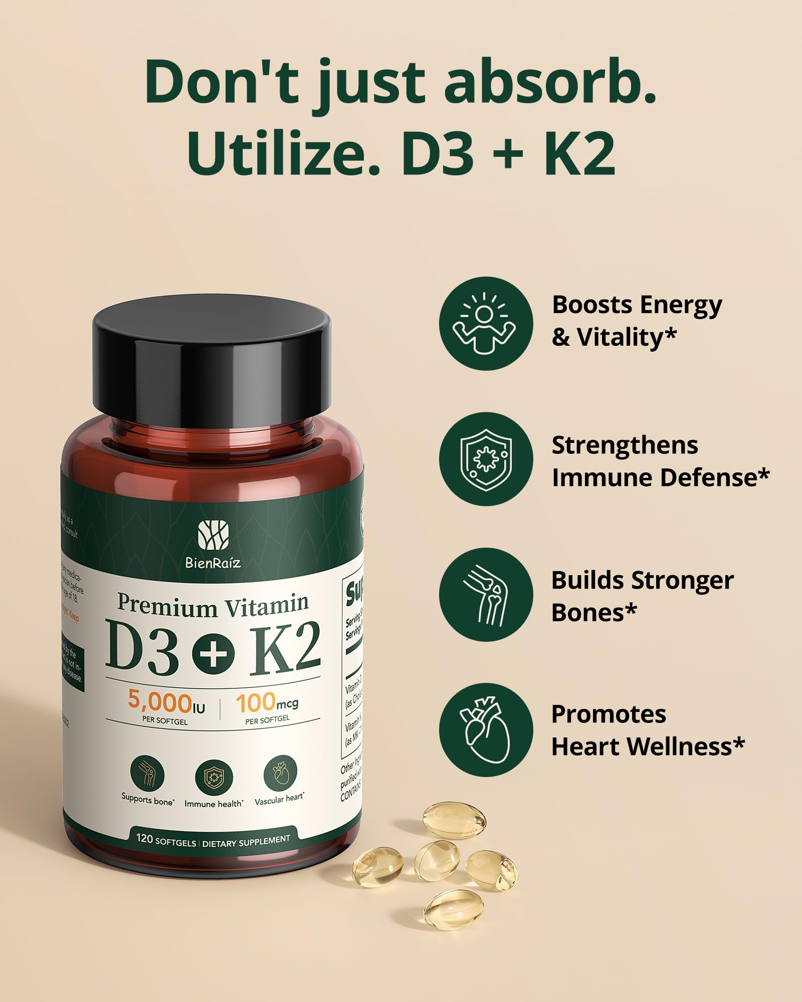 BienRaíz vista superior de softgels dispersos mostrando uniformidad