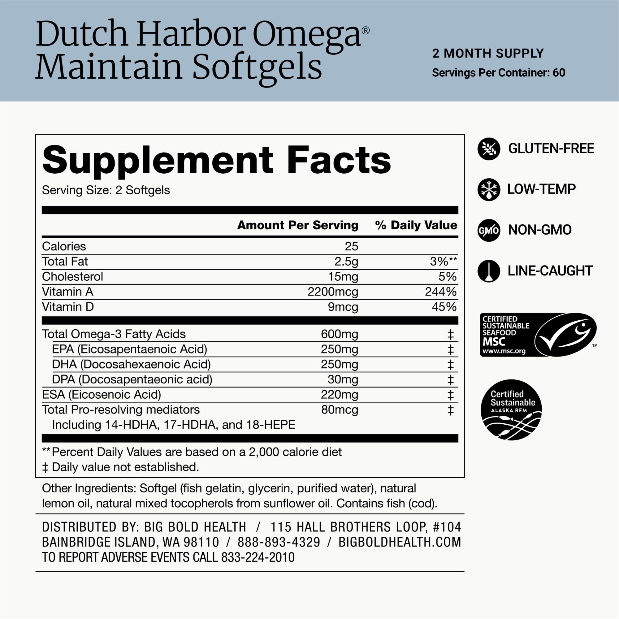 BIG BOLD HEALTH etiqueta nutricional con detalles de EPA, DHA y vitaminas