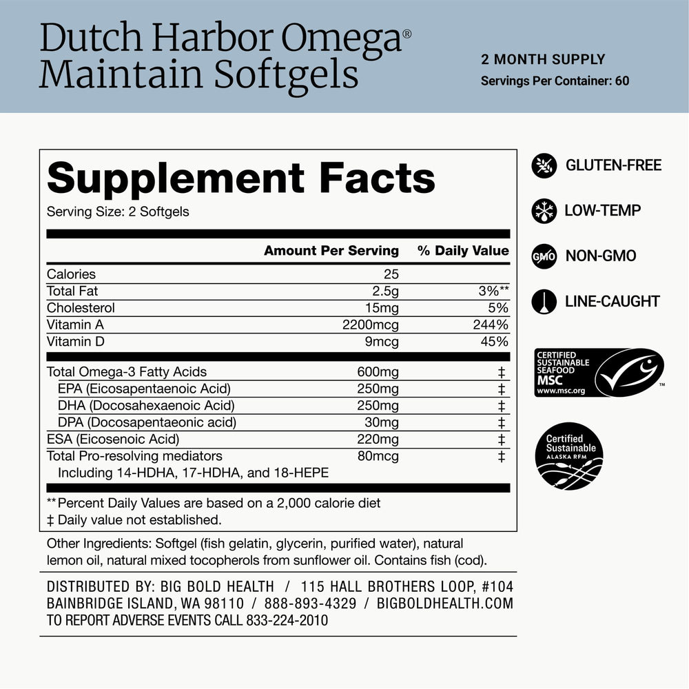 BIG BOLD HEALTH etiqueta nutricional con detalles de EPA, DHA y vitaminas