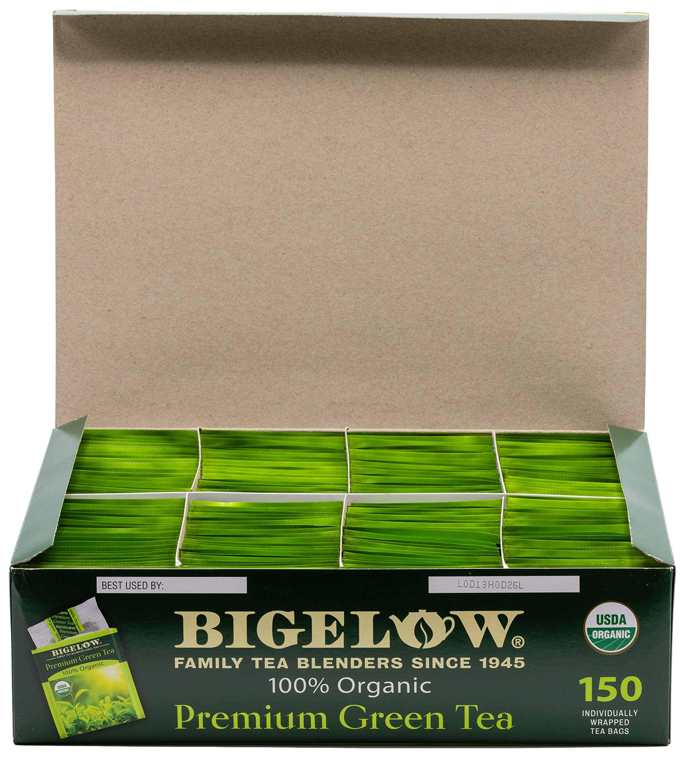 Bigelow Tea comparación de tamaño ilustrando ahorro y abastecimiento prolongado