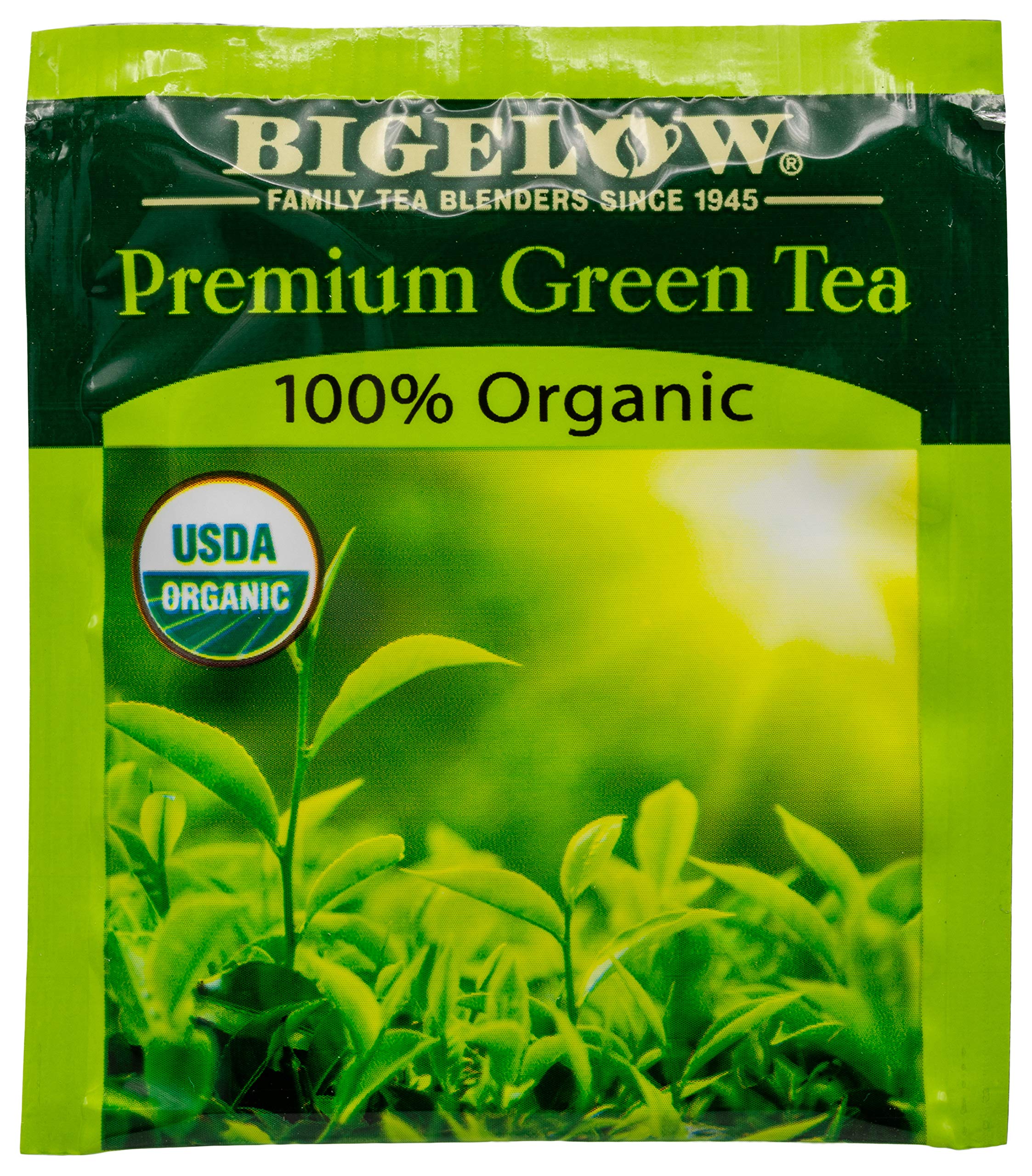 Bigelow Tea etiqueta de la caja mostrando certificación orgánica y confianza