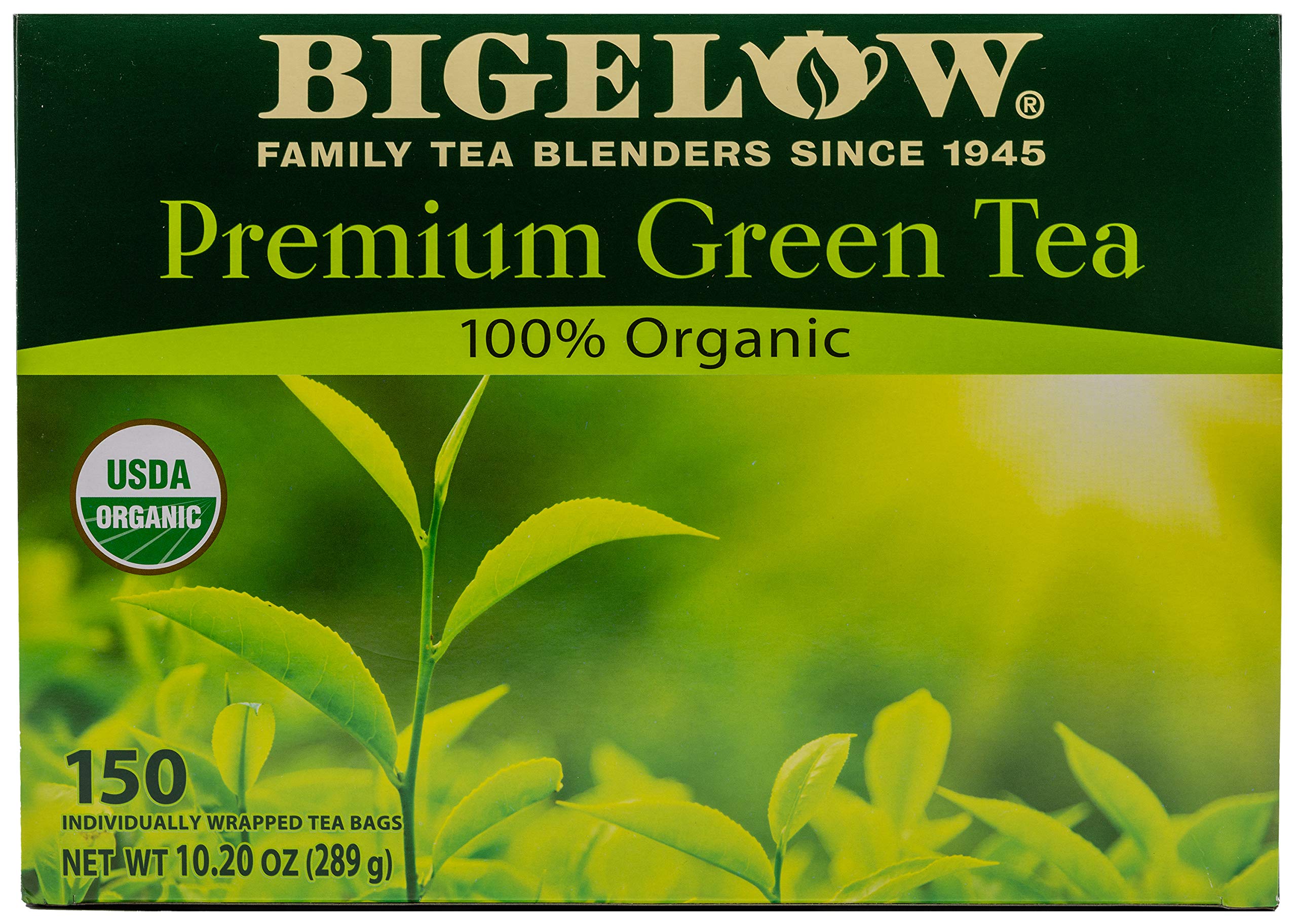 Bigelow Tea caja frontal mostrando 150 bolsitas y beneficio de almacenamiento prolongado