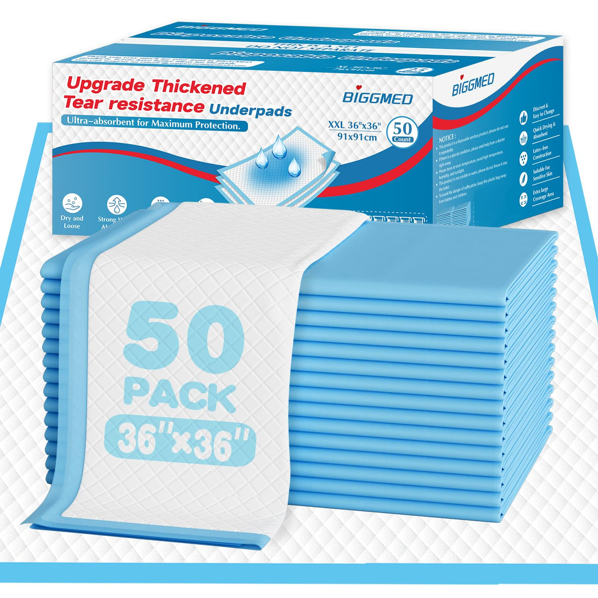 BIGGMED empaque frontal mostrando 50 unidades y tamaño 36x36, protección amplia