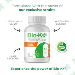 Bio-K+ Advanced Bowel Support capsules close-up showing capsule design for delayed-release delivery