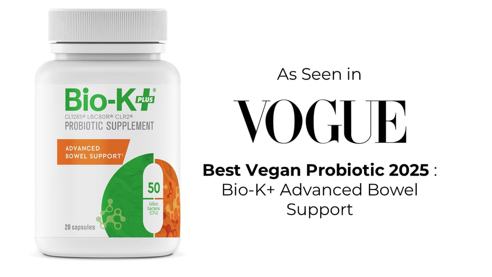 Bio-K+ Advanced Bowel Support label close-up emphasizing vegan, gluten-free formulation