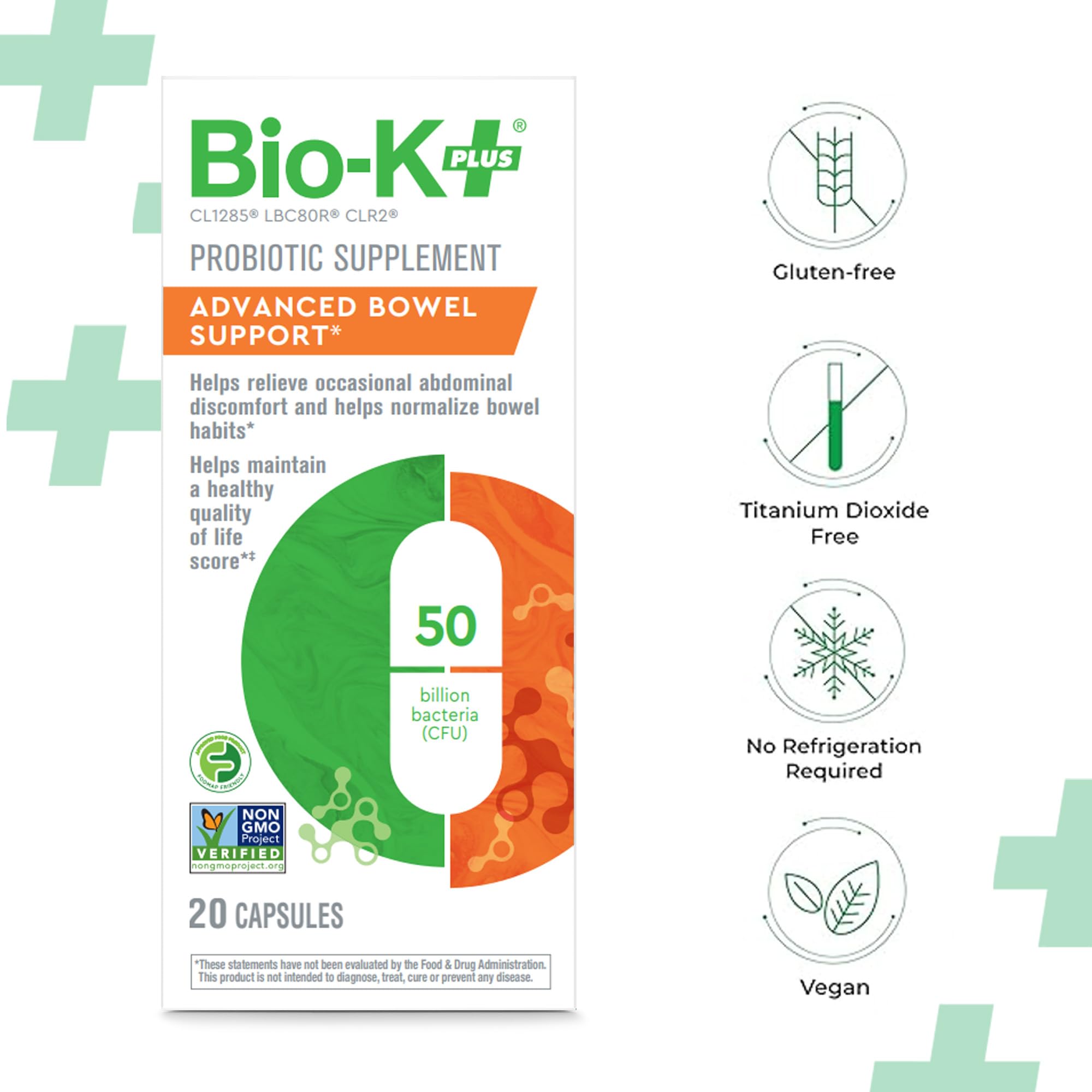 Bio-K+ Advanced Bowel Support packaging close-up highlighting eco-friendly materials