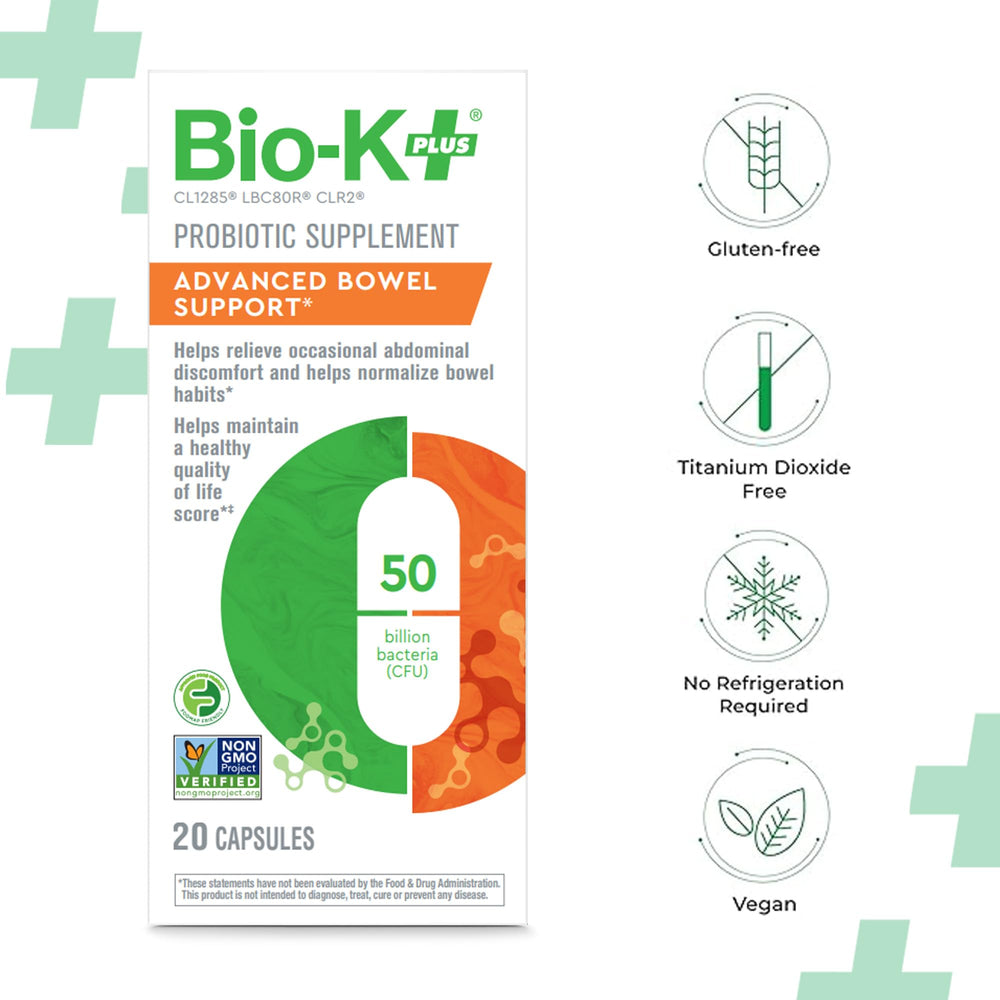Bio-K+ Advanced Bowel Support packaging close-up highlighting eco-friendly materials