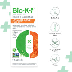 Bio-K+ Advanced Bowel Support packaging close-up highlighting eco-friendly materials