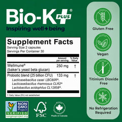 Bio-K Plus botella abierta con cápsulas que muestra contenido y facilidad