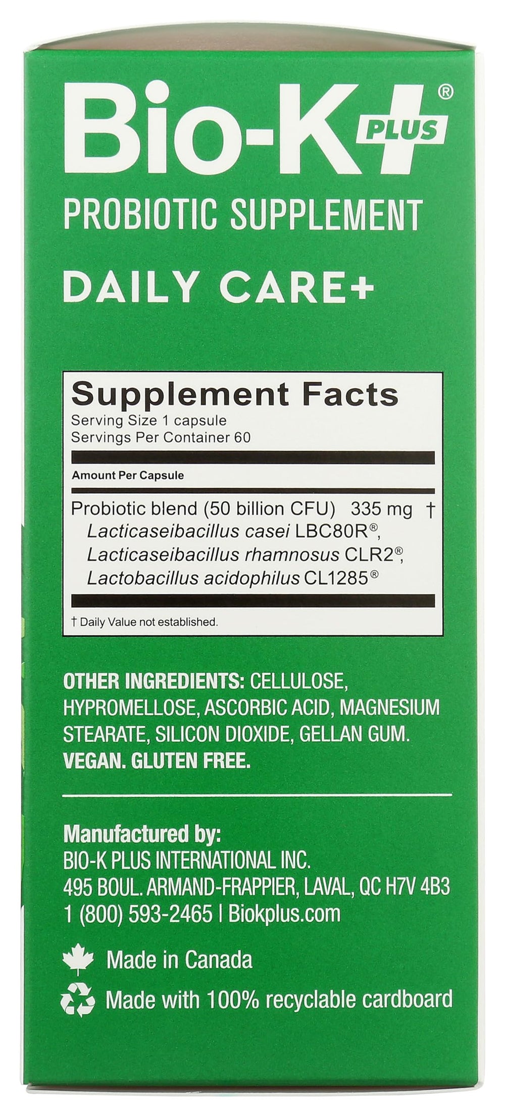 Bio-K Plus etiqueta con ingredientes y cepas destacadas para transparencia