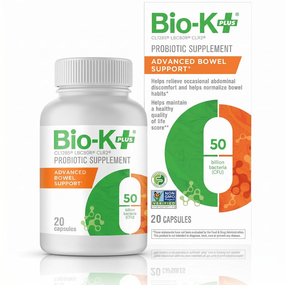 Bio-K Plus frente del empaque mostrando 20 cápsulas y etiquetas claras, beneficio comodidad