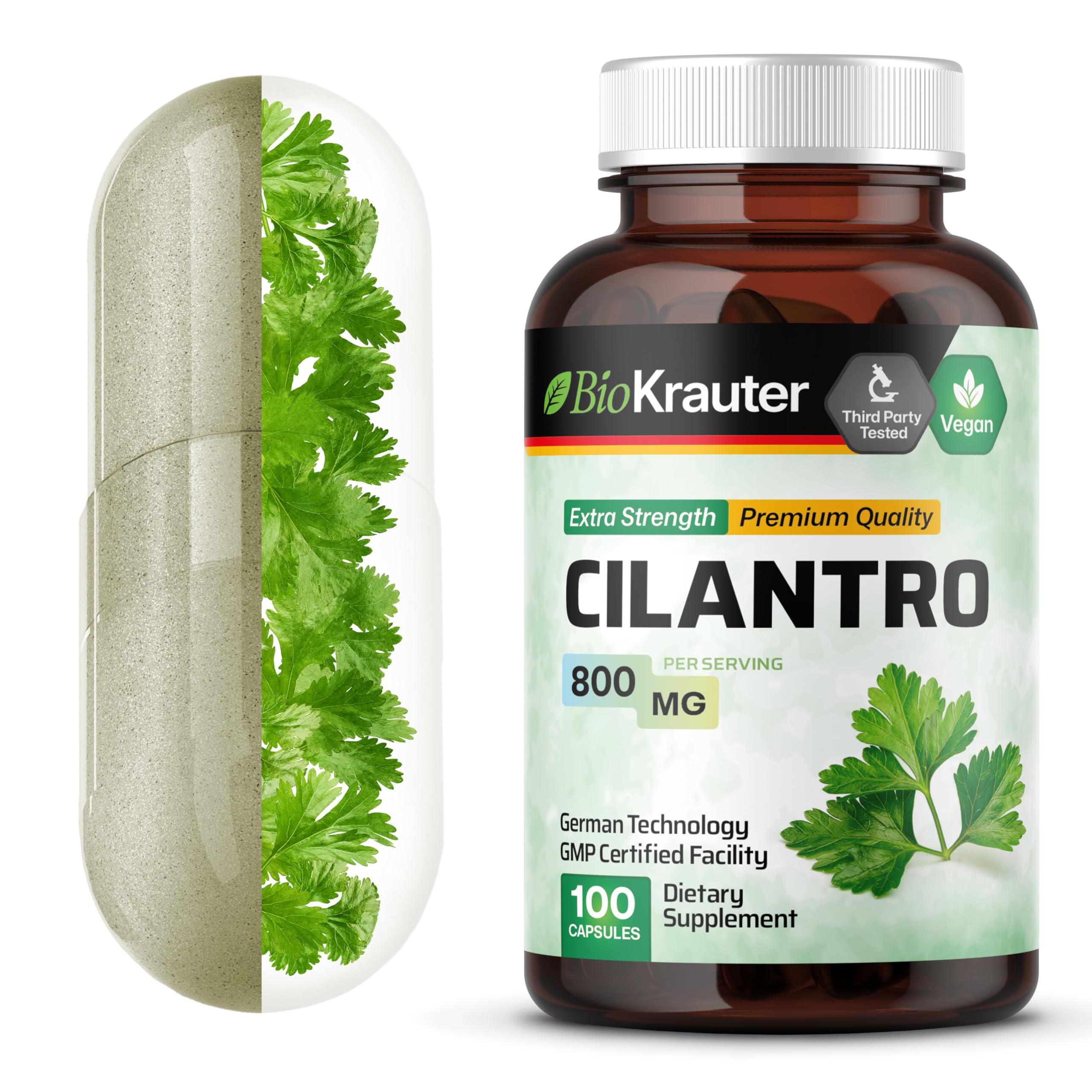 BIO KRAUTER frasco delantero de cápsulas de cilantro, presentación clara y portable