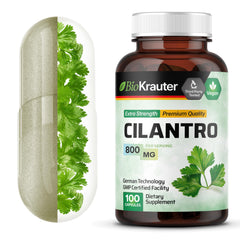 BIO KRAUTER frasco delantero de cápsulas de cilantro, presentación clara y portable