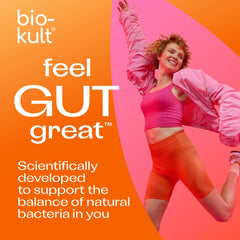 Bio‑Kult frasco dentro de bolso de viaje subrayando conveniencia sin nevera