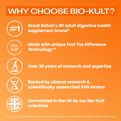 Bio-Kult etiqueta con lista de 14 cepas y beneficios informativos visibles