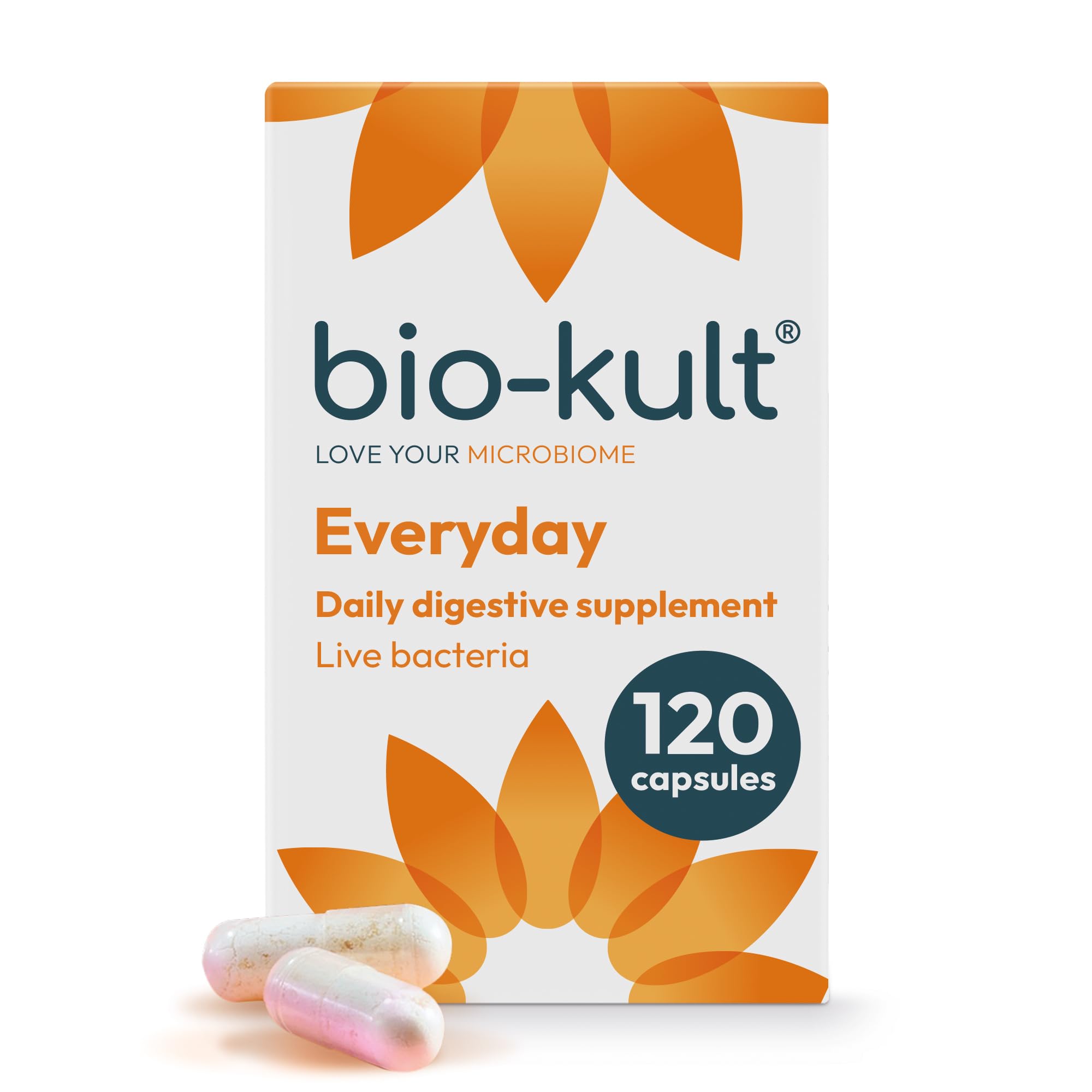 Bio-Kult vista frontal del envase mostrando 120 cápsulas y conveniencia de almacenamiento