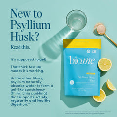 Bio.me textura del polvo de psyllium en primer plano que destaca su calidad y aspecto fino