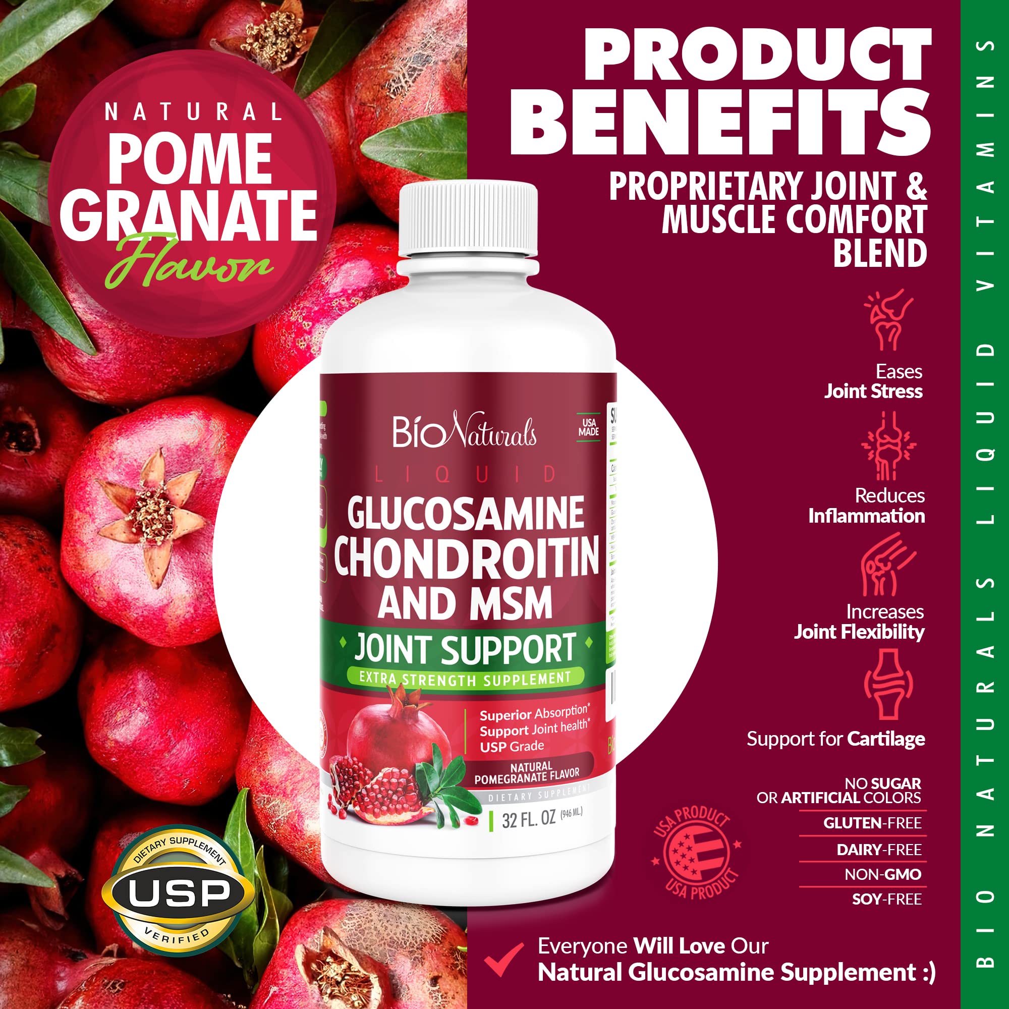 Bio Naturals panel de ingredientes con dosis de glucosamina y MSM