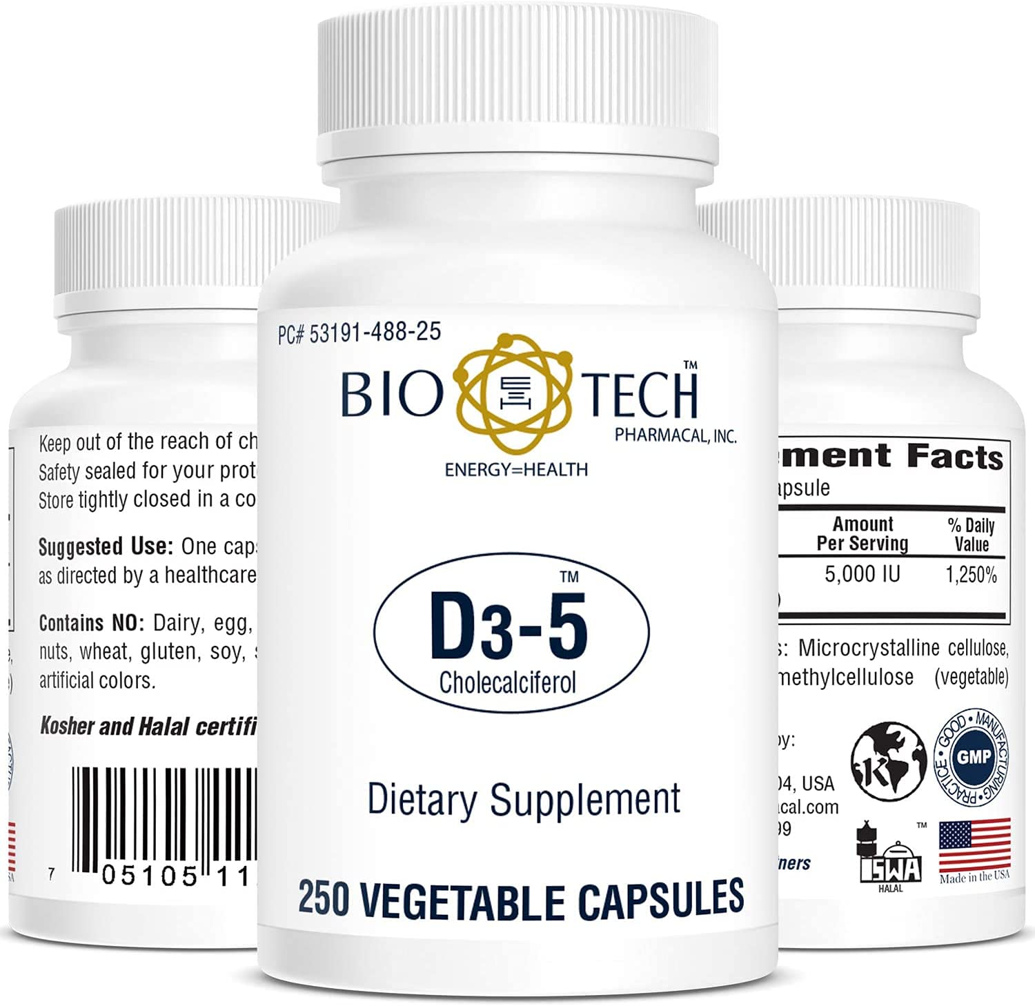 Bio-Tech Pharmacal frontal del envase mostrando 250 cápsulas y beneficios clave