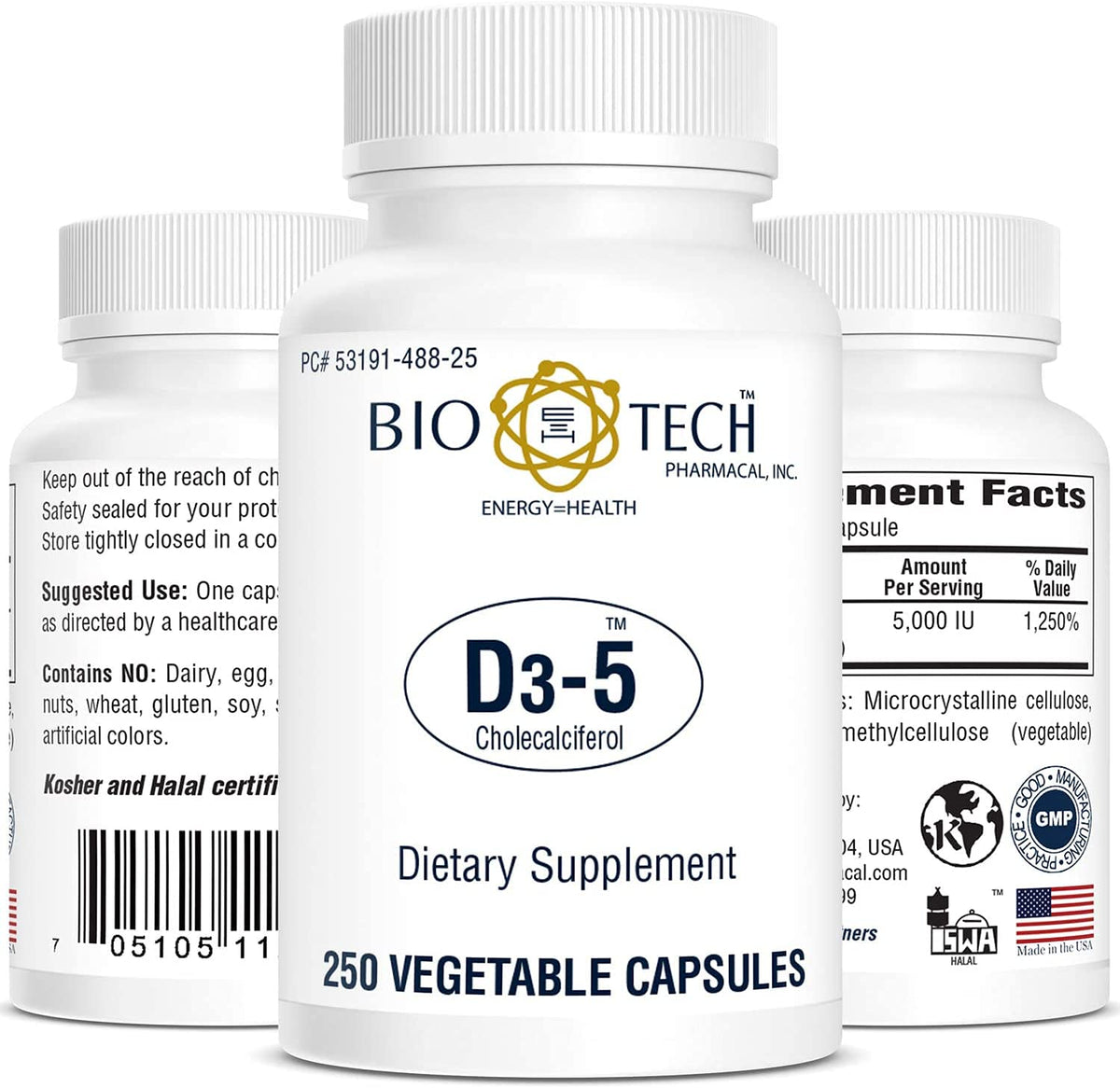 Bio-Tech Pharmacal frontal del envase mostrando 250 cápsulas y beneficios clave