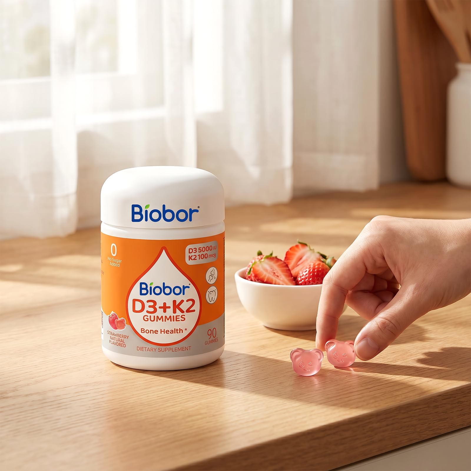 Biobor gomitas junto a desayuno indicando integración fácil en la rutina