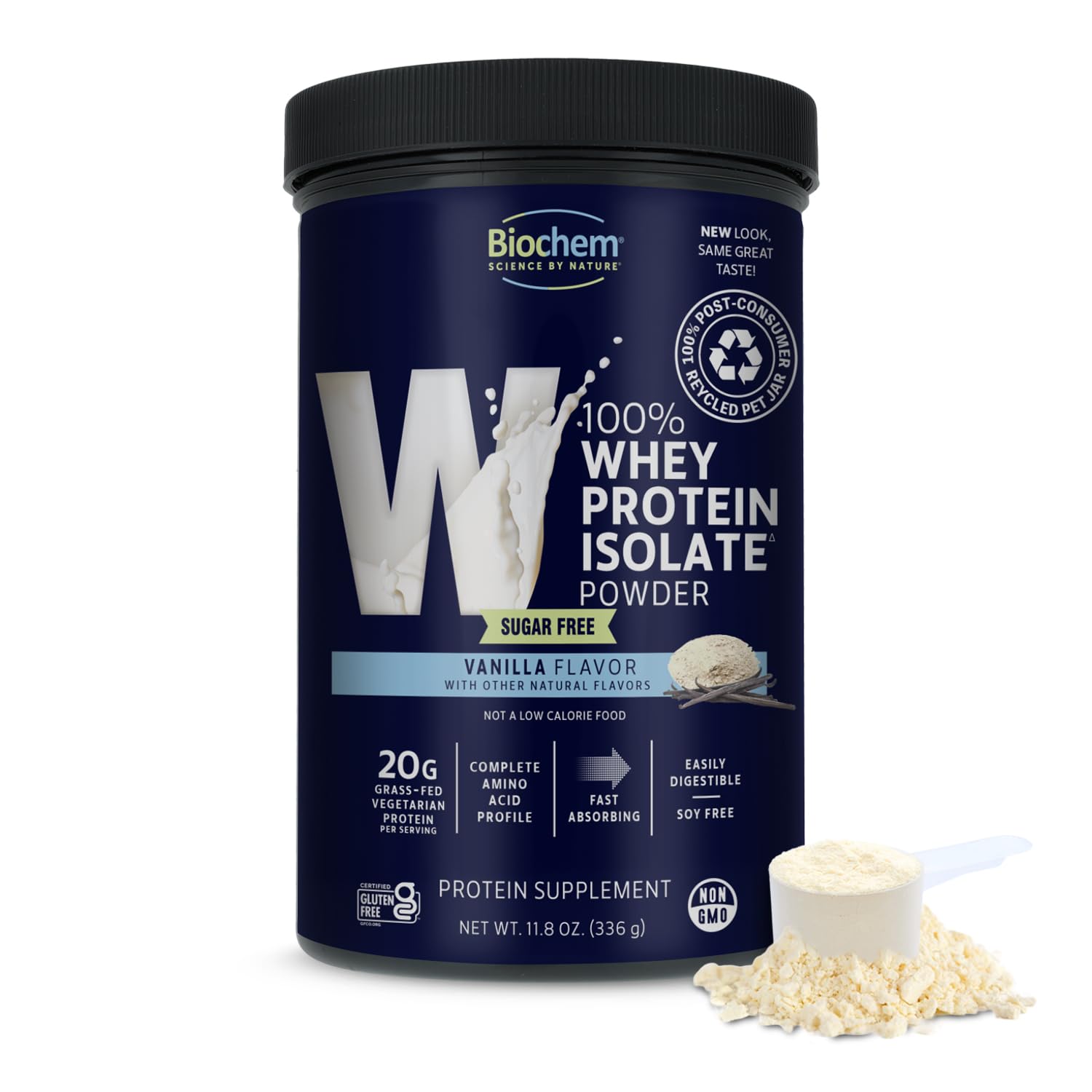 Biochem envase frontal vainilla mostrando marca y beneficio proteína limpia
