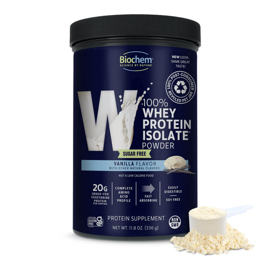 Biochem envase frontal vainilla mostrando marca y beneficio proteína limpia