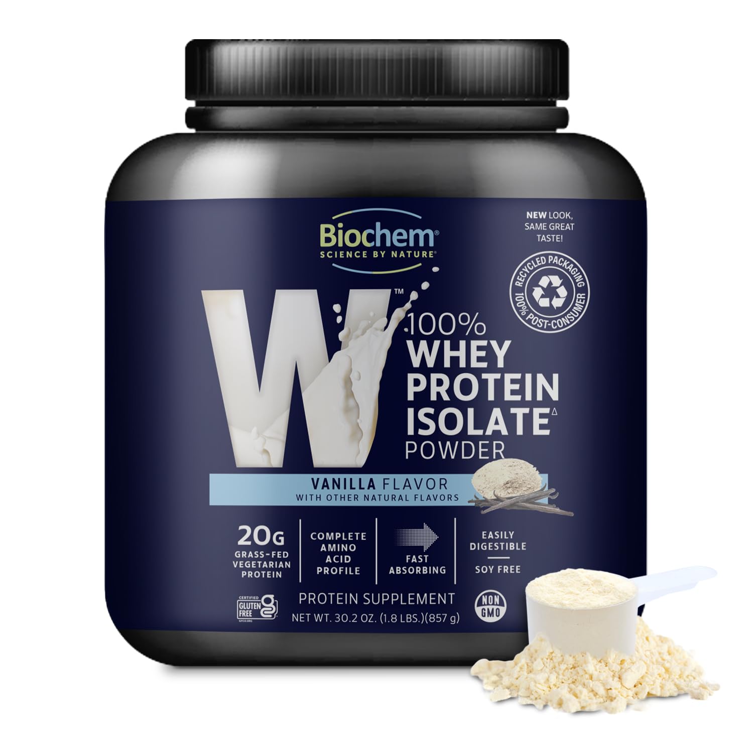 Biochem envase frontal de Whey Protein Isolate vainilla, destaca pureza y 20 g proteína