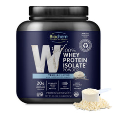 Biochem envase frontal de Whey Protein Isolate vainilla, destaca pureza y 20 g proteína