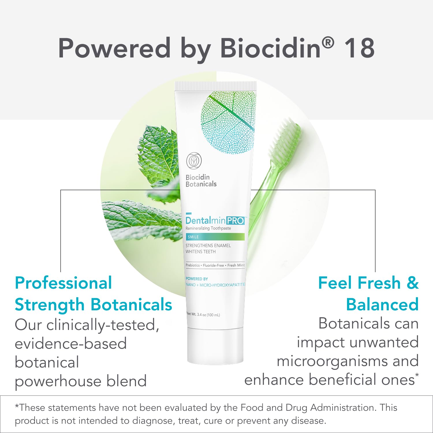 Biocidin Dentalmin Pro detalle de ingredientes botánicos y hidroxiapatita para soporte oral