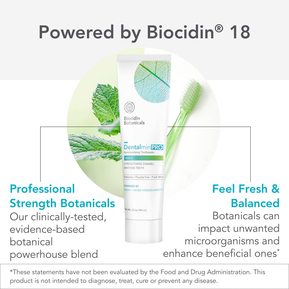 Biocidin Dentalmin Pro detalle de ingredientes botánicos y hidroxiapatita para soporte oral