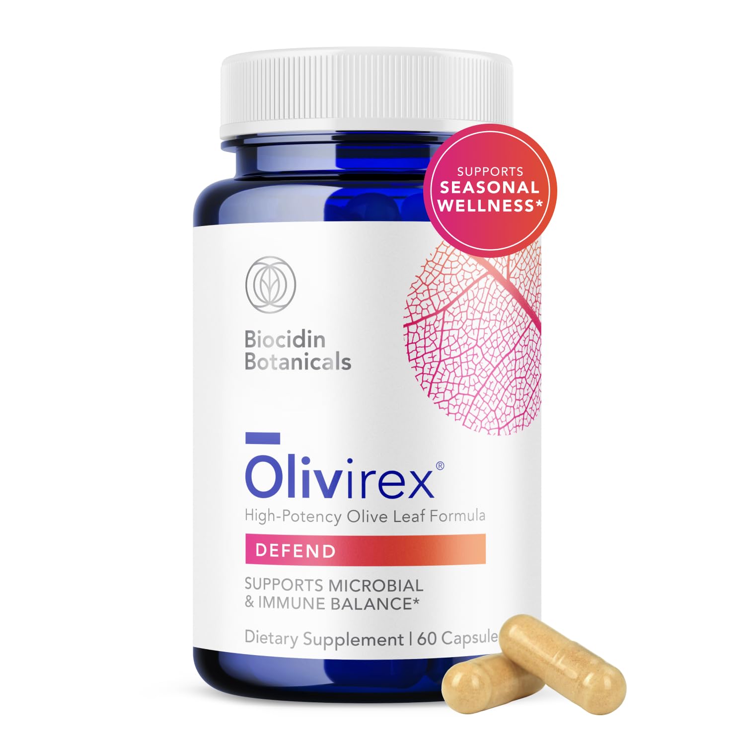 Biocidin Olivirex frontal del empaque mostrando marca y beneficios visibles