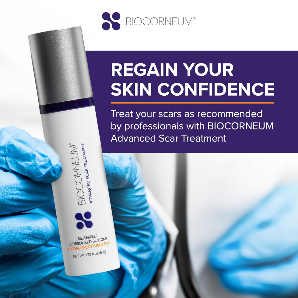BIOCORNEUM packaging sobre superficie neutra destacando profesionalidad