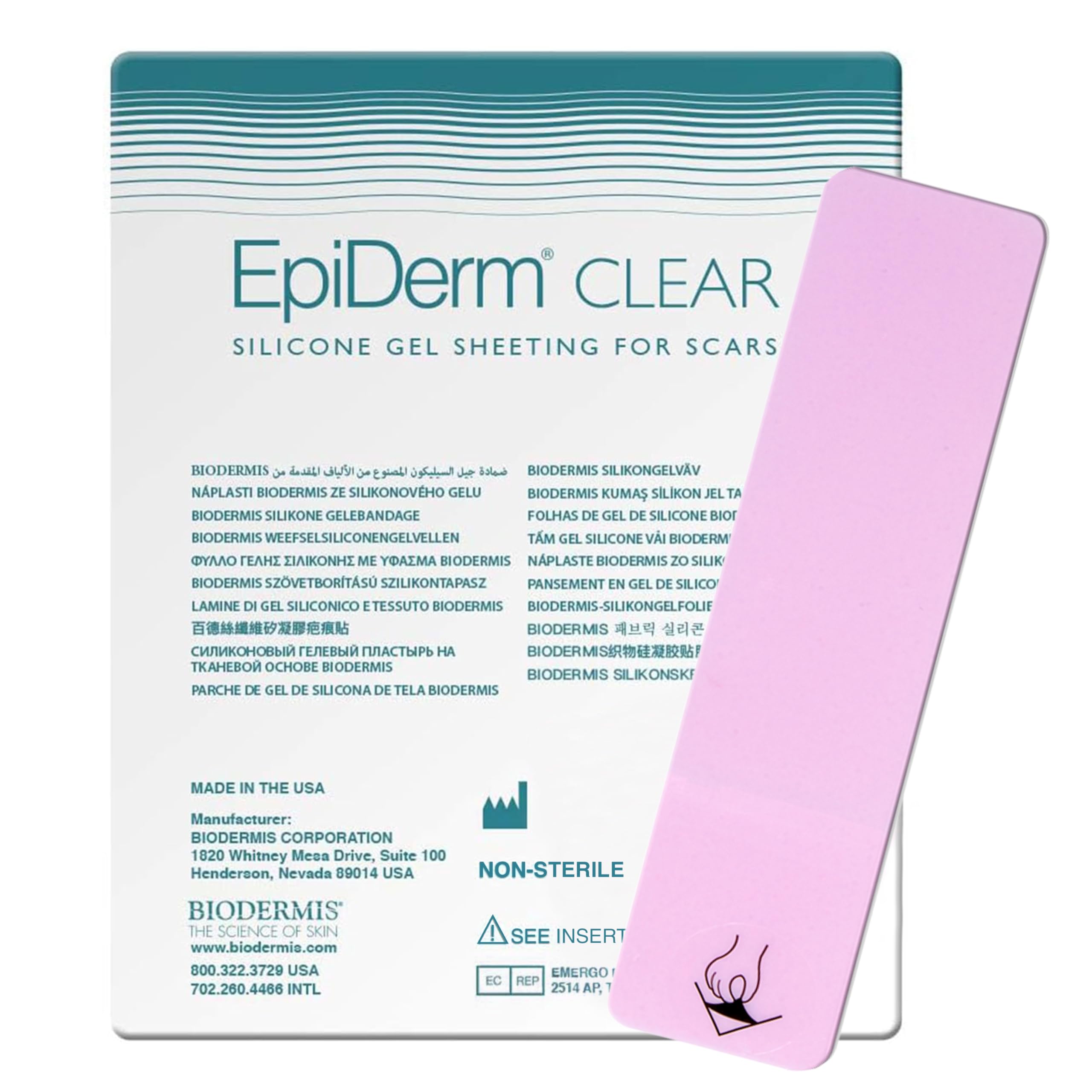 BIODERMIS empaque frontal del producto mostrando la lámina transparente y sus beneficios