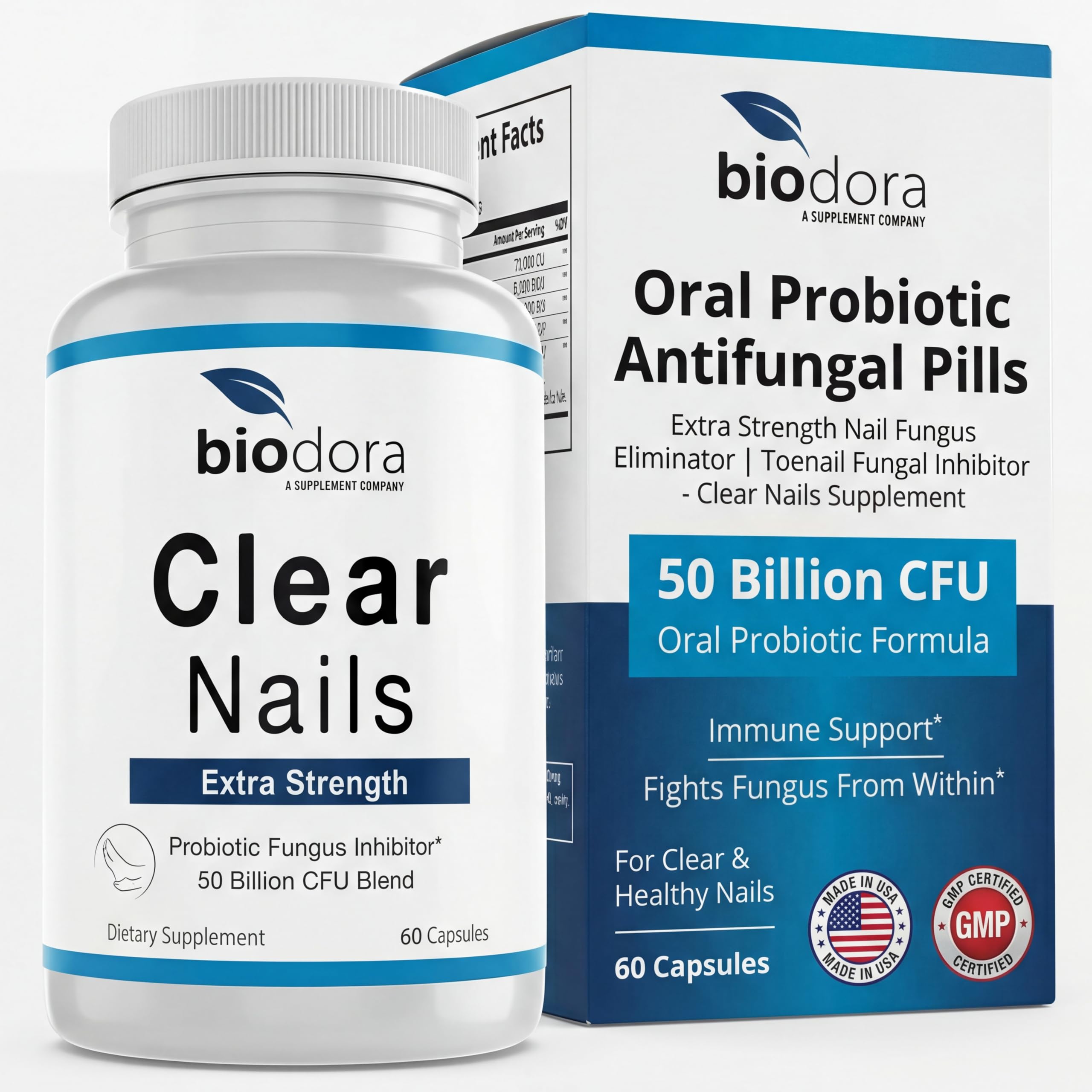 Biodora paquete frontal mostrando cápsulas y beneficio para uñas claras