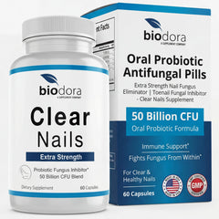 Biodora paquete frontal mostrando cápsulas y beneficio para uñas claras