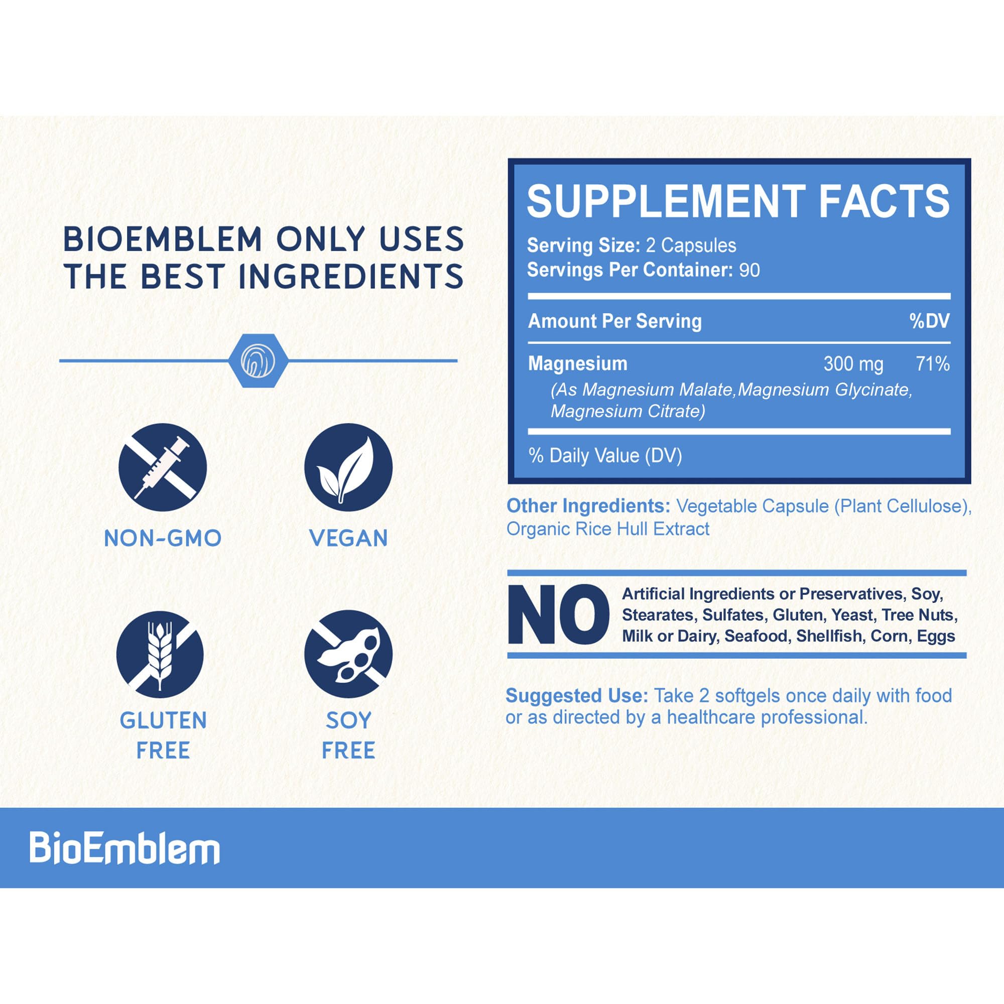 BioEmblem etiqueta de ingredientes enfatizando formas de magnesio y pureza
