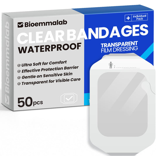 Bioemmalab empaque frontal mostrando 50 apósitos impermeables, protección confiable